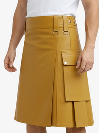 Yellow cargo skirt worn by a person on a white background