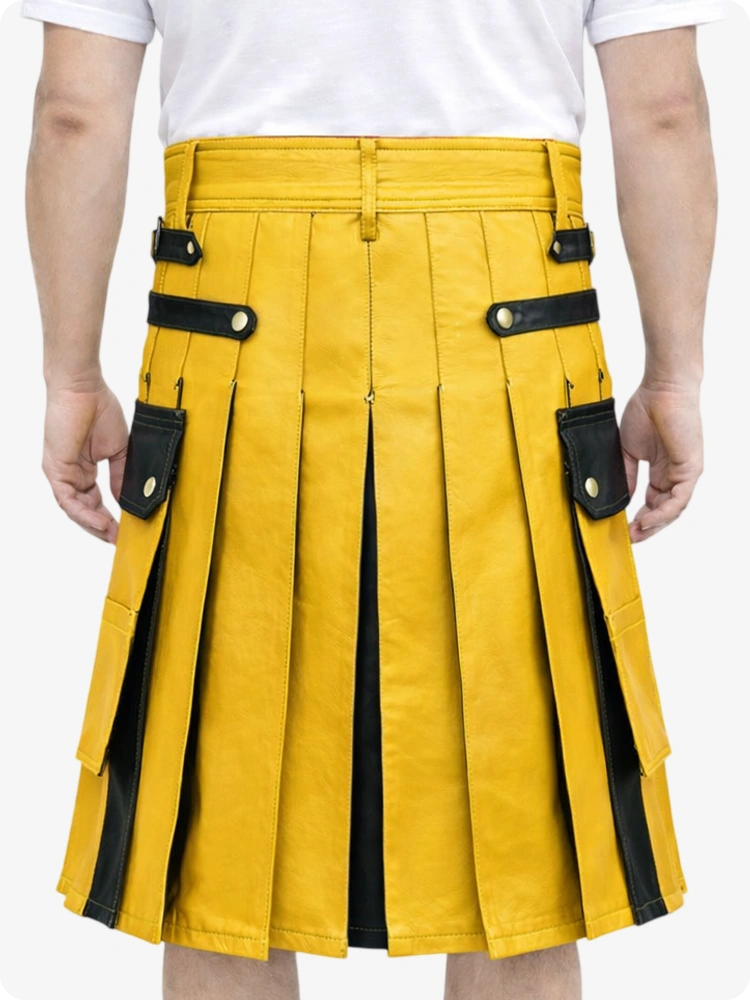 Mustard Yellow Leather Utility Kilt with Black Accents & Detachable Pockets