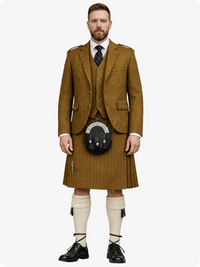 Man wearing a traditional Highland kilt outfit on a white background