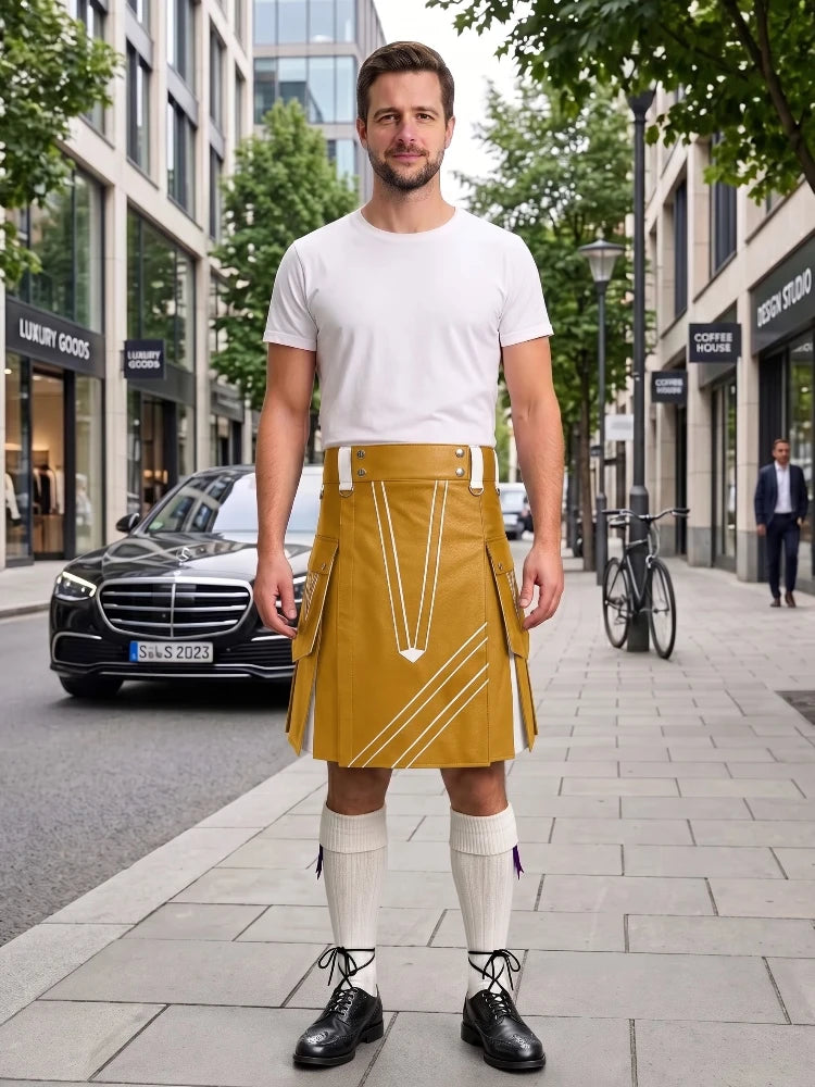 A man stands on a city sidewalk wearing a mustard yellow kilt with white geometric line patterns, a white t-shirt, white knee-high socks, and black shoes. The background shows a blurred street scene with buildings, a black Mercedes-Benz car, and a bicycle.