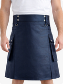 Navy Blue Genuine Leather Utility Kilt with Cargo Pockets & D-Rings