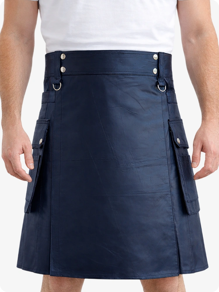 Navy Blue Genuine Leather Utility Kilt with Cargo Pockets & D-Rings