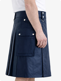 Navy Blue Genuine Leather Utility Kilt with Cargo Pockets & D-Rings