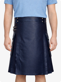 Navy Blue Genuine Leather Utility Kilt with Side Pockets