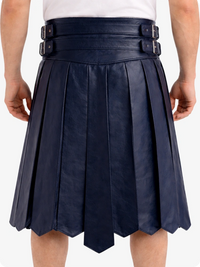 Navy Blue pleated skirt with belt on a white background