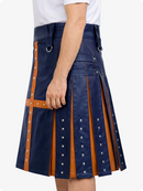 Navy blue kilt with brown accents on a white background