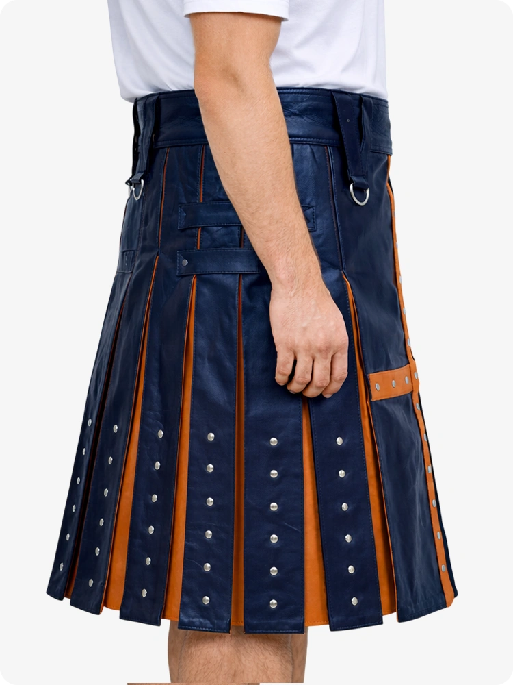 Navy Blue Leather Utility Kilt with Brown Cross Panel & Metal Rivet Detailing