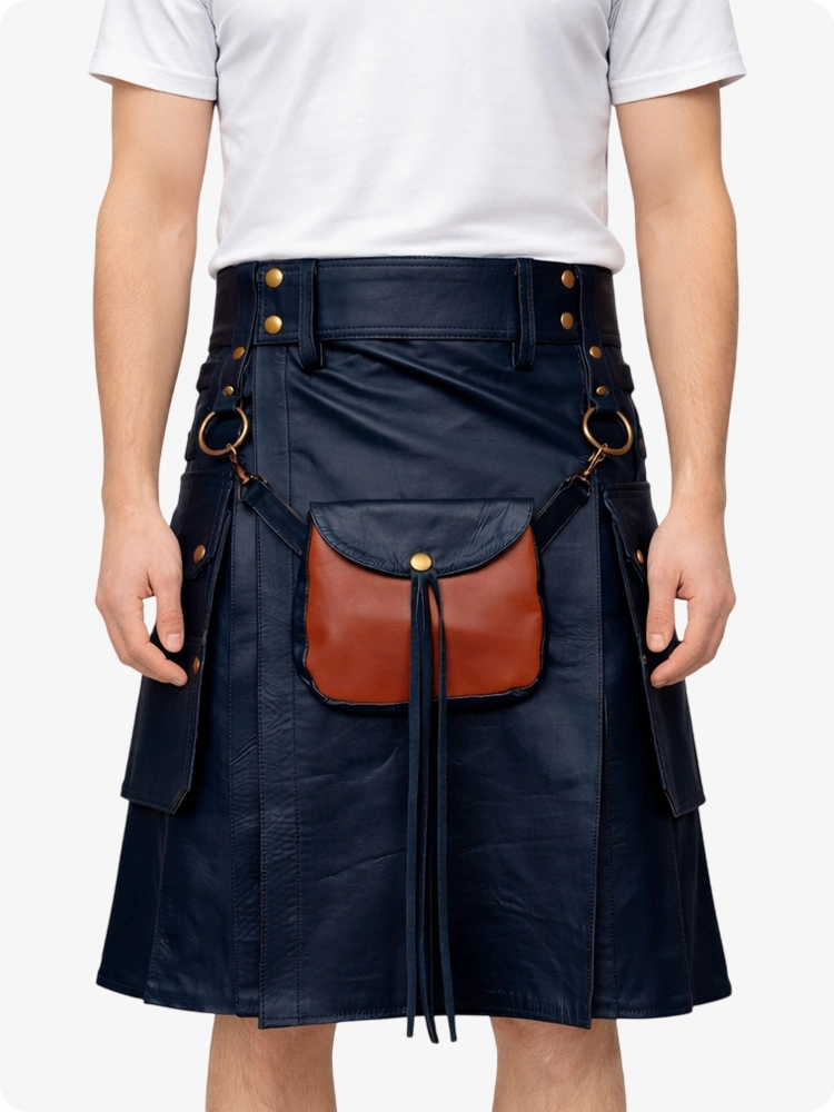 Navy kilt with brown leather pouch worn by a person on a white background