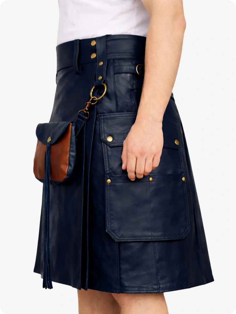 Navy Blue leather kilt with gold buttons and a brown leather pouch on a white background