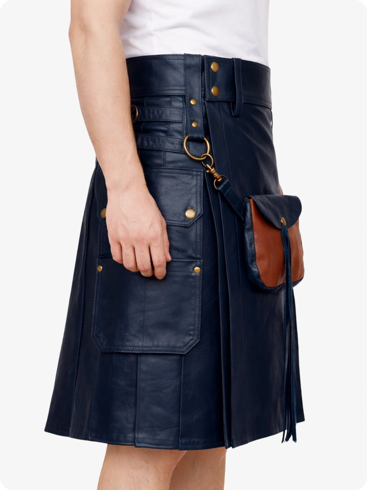 Navy Blue leather Kilt with brown leather pocket on a white background