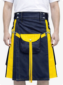 Navy Blue Leather Utility Kilt with Yellow Accents & Detachable Pockets