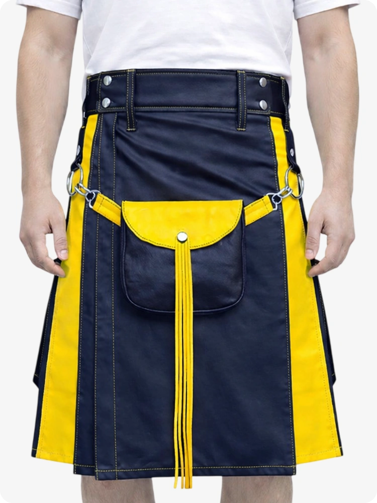 Navy Blue Leather Utility Kilt with Yellow Accents & Detachable Pockets