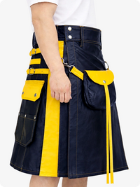 Navy Blue Leather Utility Kilt with Yellow Accents & Detachable Pockets