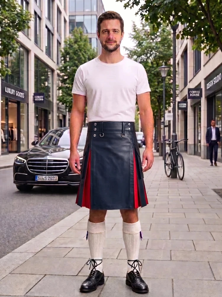 A man stands on a city sidewalk wearing a white crew-neck t-shirt and a black leather kilt with red side panels and silver metal hardware. He is also wearing white knee-high socks and black leather shoes.