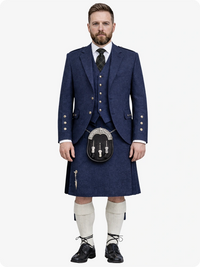 Man wearing a traditional Scottish kilt with a blue jacket and white socks on a white background