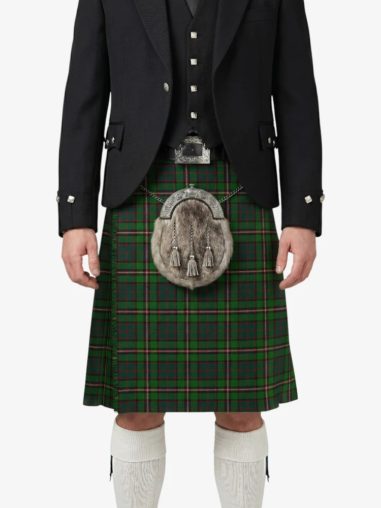 Traditional Scottish kilt with a tartan pattern on a white background