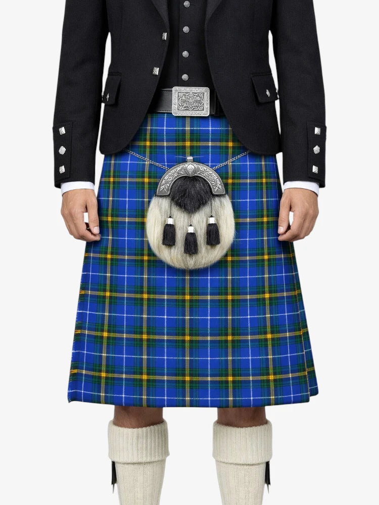 Person wearing a traditional Scottish kilt with a tartan pattern on a white background