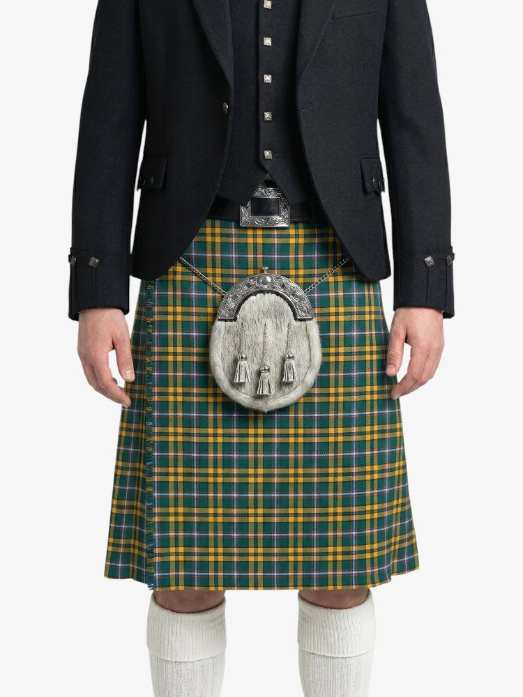 Person wearing a green and yellow plaid kilt with a dark jacket on a white background