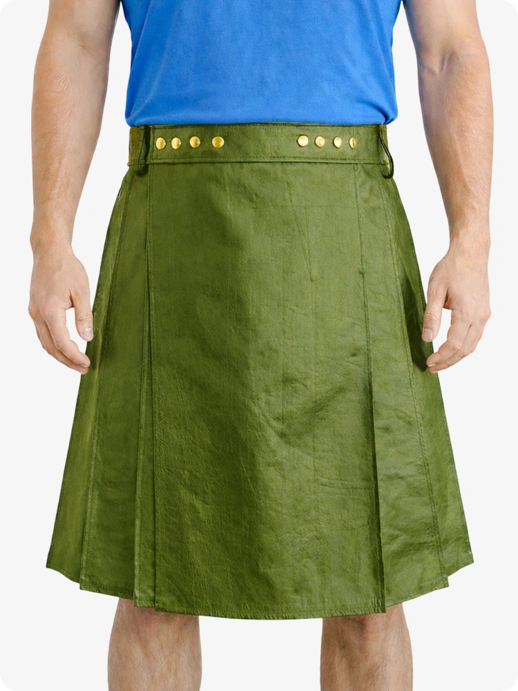 Olive Green Genuine Leather Utility Kilt with Studded Waistband
