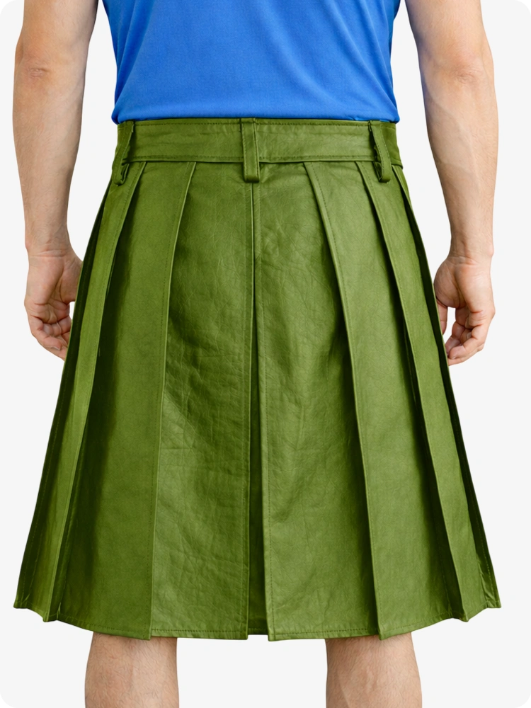 Olive Green Genuine Leather Utility Kilt with Studded Waistband