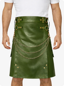 Olive Green Leather Utility Kilt with Chain Detailing & Adjustable Straps