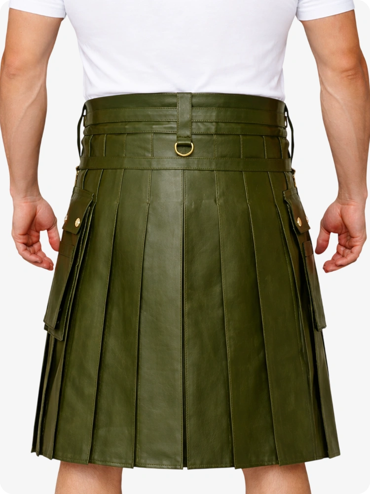 Olive Green Leather Utility Kilt with Chain Detailing & Adjustable Straps