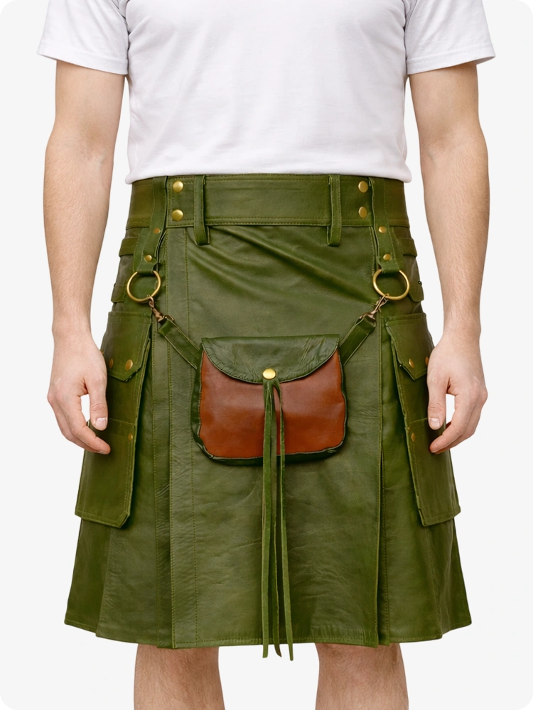 Olive Green kilt with brown leather pocket on a white background