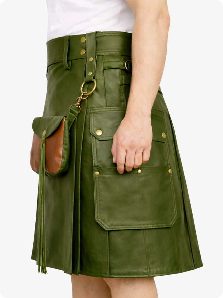 Olive Green leather kilt with gold buttons on a white background
