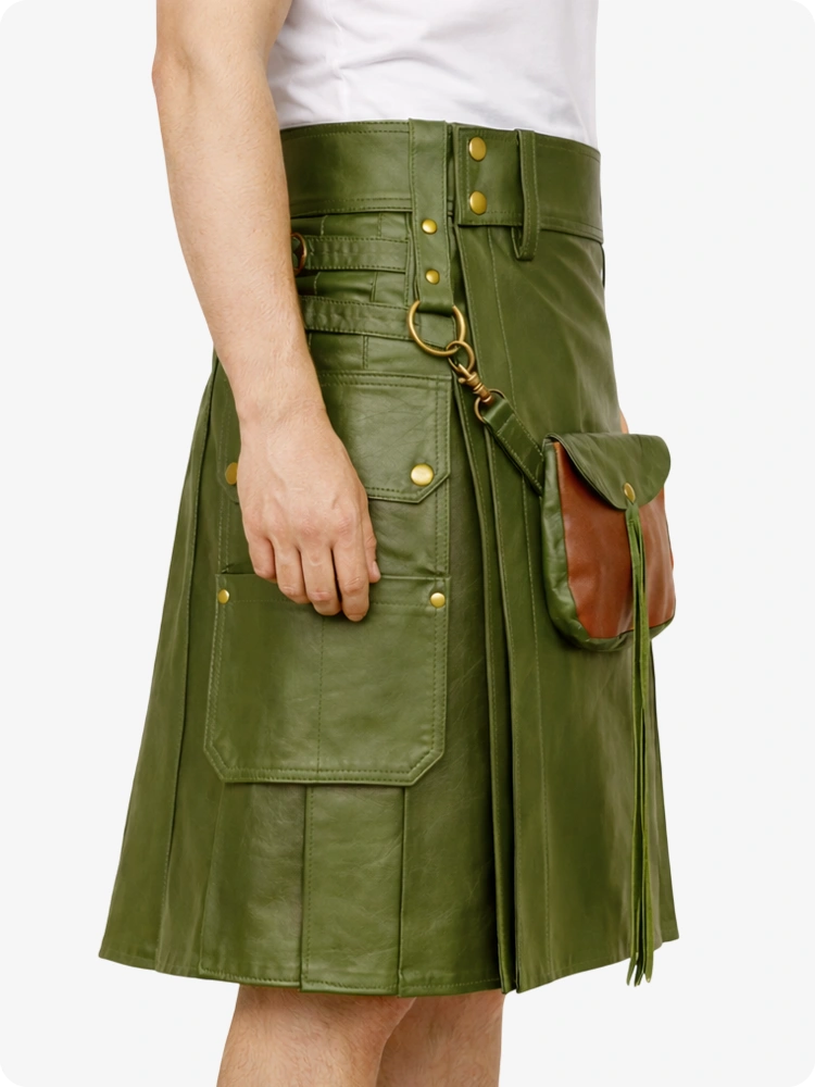 Olive Green kilt with leather pocket on a white background