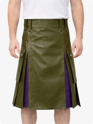 Olive Green Leather Utility Kilt with Purple Pleats, Side Pockets & D-Ring Hardware