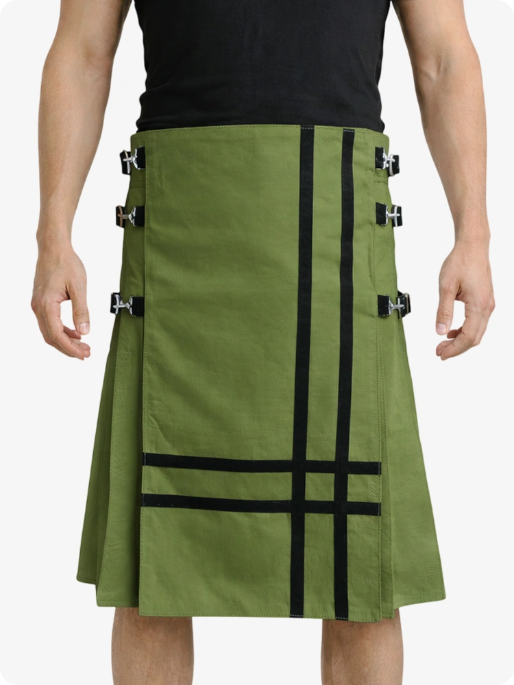 Olive Green Leather Utility Kilt with Side Buckles & Pleated Back