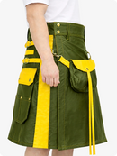 Olive Green Leather Utility Kilt with Yellow Accents & Detachable Pockets