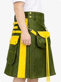 Olive Green Leather Utility Kilt with Yellow Accents & Detachable Pockets