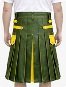 Olive Green Leather Utility Kilt with Yellow Accents & Detachable Pockets