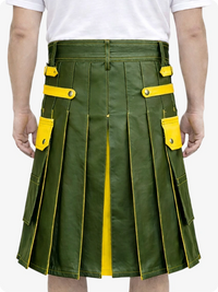Olive Green Leather Utility Kilt with Yellow Accents & Detachable Pockets
