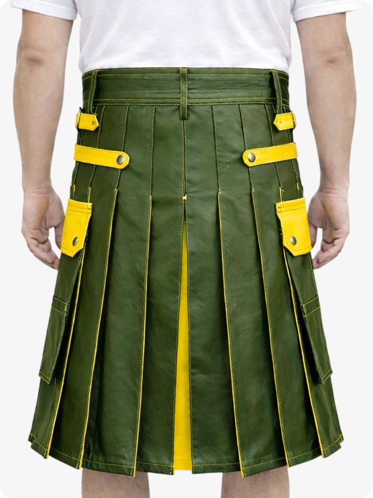 Olive Green Leather Utility Kilt with Yellow Accents & Detachable Pockets