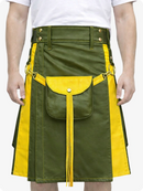 Olive Green Leather Utility Kilt with Yellow Accents & Detachable Pockets