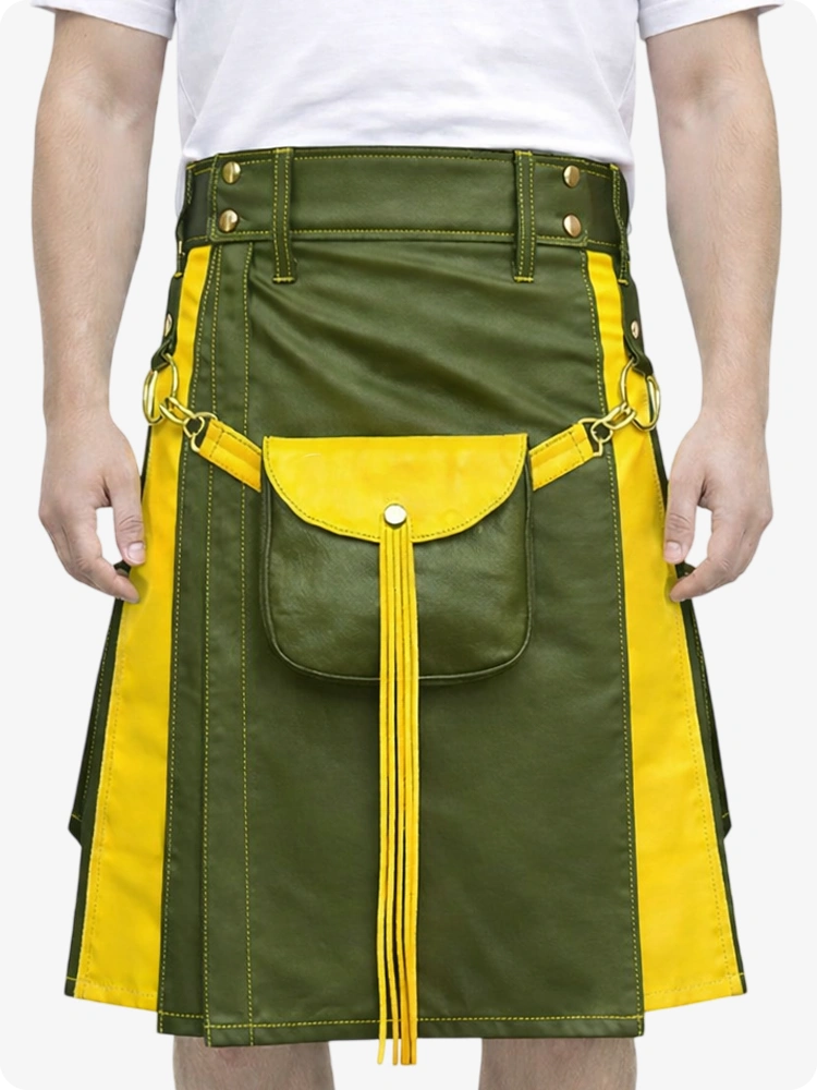 Olive Green Leather Utility Kilt with Yellow Accents & Detachable Pockets