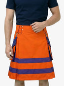 Person wearing an orange and purple kilt on a white background