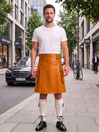 A man standing on a city sidewalk wearing a tan leather kilt with silver-toned metal studs and straps, a white t-shirt, white knee-high socks, and black leather shoes. A Mercedes-Benz car and urban buildings are visible in the background.