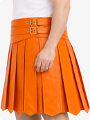 Orange pleated skirt with a belt on a white background
