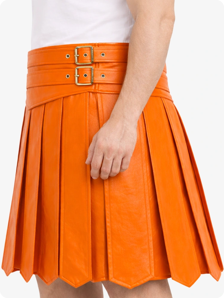Orange pleated skirt with a belt on a white background