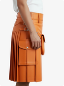 Orange leather skirt with a front pocket on a white background