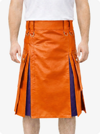 Orange Leather Utility Kilt with Purple Pleats, Side Pockets & D-Ring Hardware