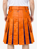 Orange kilt with purple accents worn by a person on a white background
