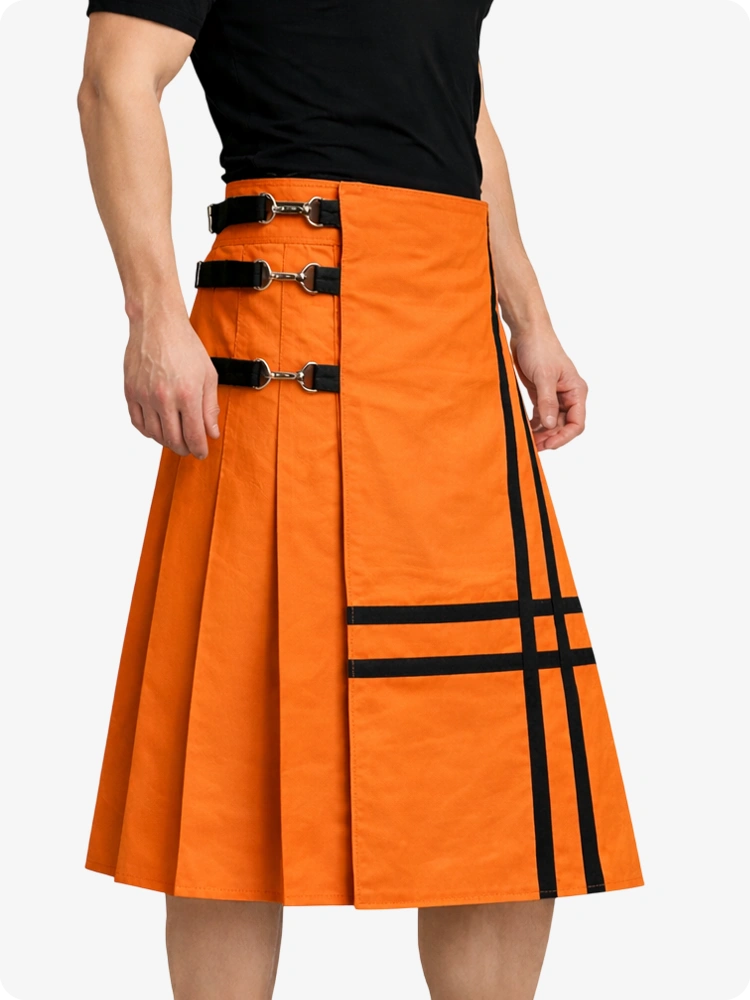 Orange Leather Utility Kilt with Side Buckles & Pleated Back