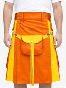 Person wearing a orange and yellow kilt with a white background