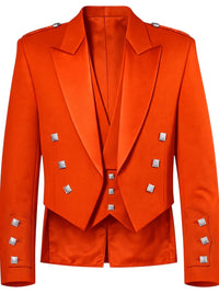 Bright orange double-breasted blazer with silver metallic square buttons, shown on a plain white background.