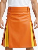 Orange leather skirt with yellow accents worn by a person on a white background