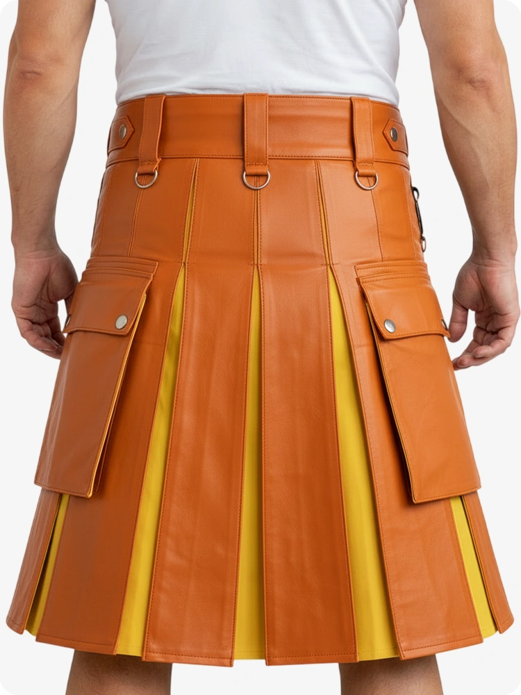 Orange leather kilt with yellow lining worn by a person on a white background